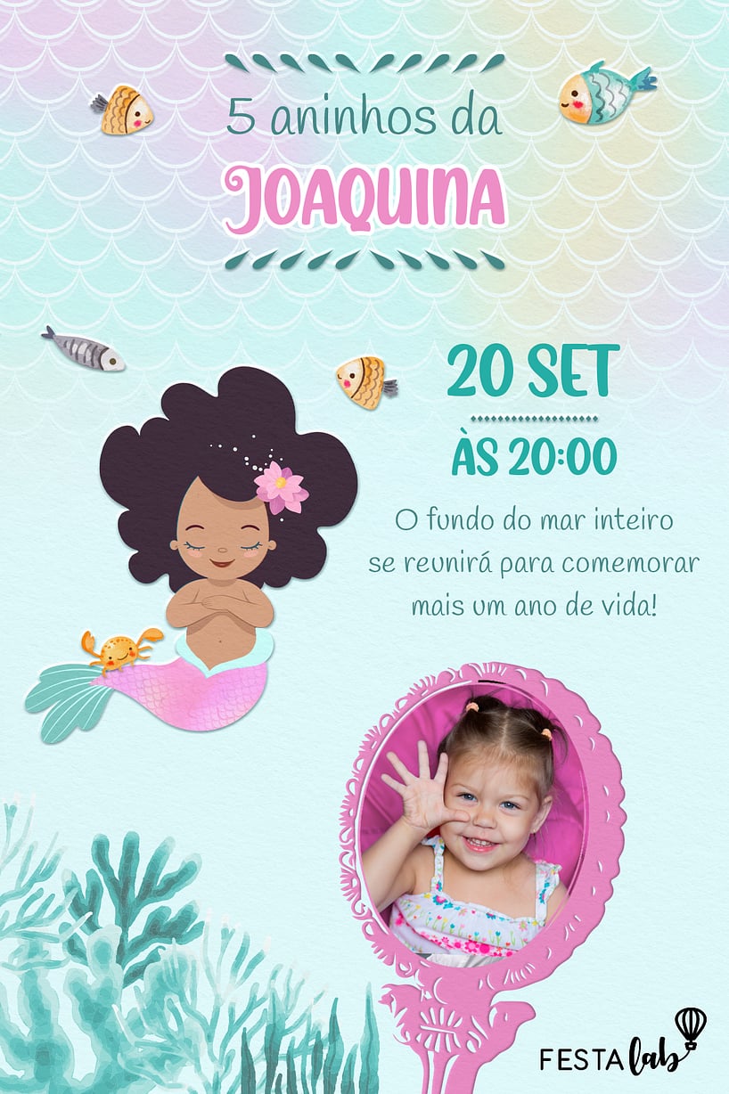 Convite de Aniversario - Bebe Sereia Aquarela Azul