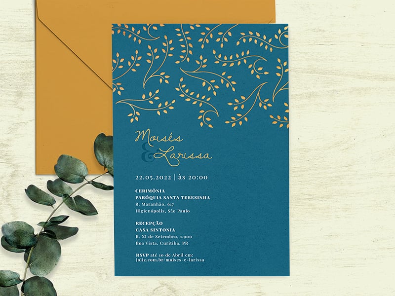 Crie seu convite de casamento - Arranjo de folhas: Azul| FestaLab