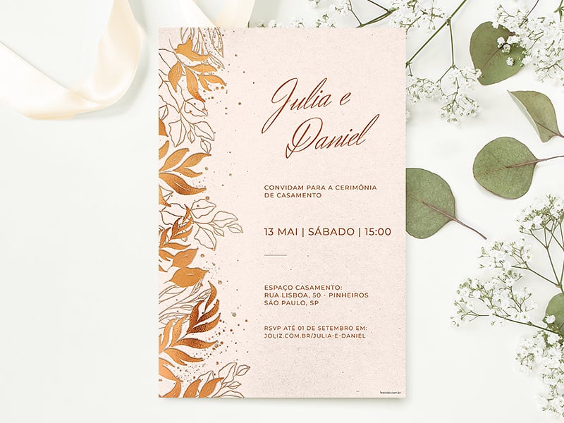 Crie seu convite de casamento - Folhas minimalistas dourado| FestaLab