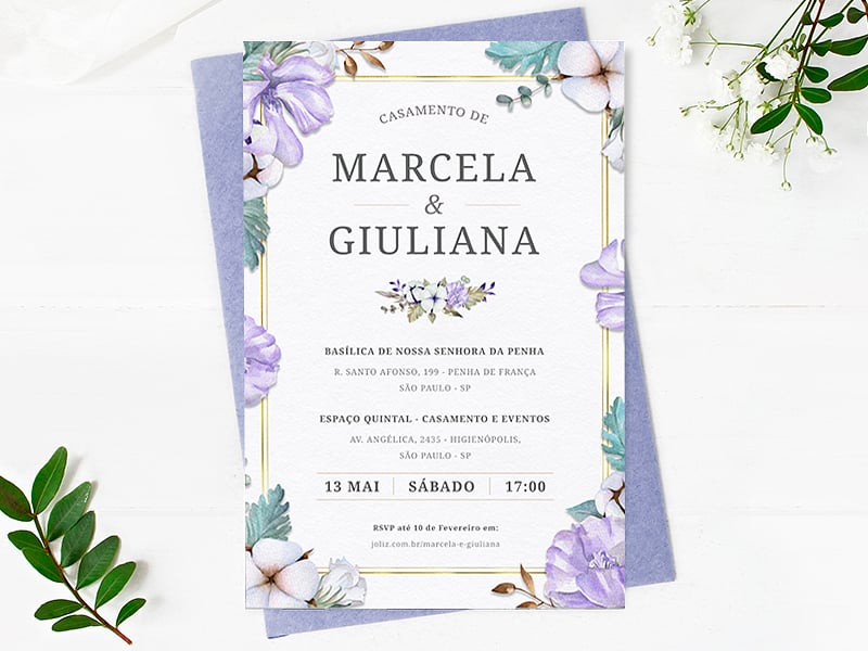 Crie seu convite de casamento - Lirios & Flores Lilas| FestaLab